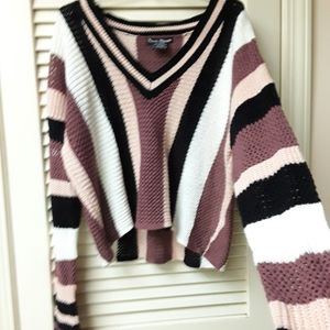 V Neck Mauve Black White Stripe Crop Sweater L